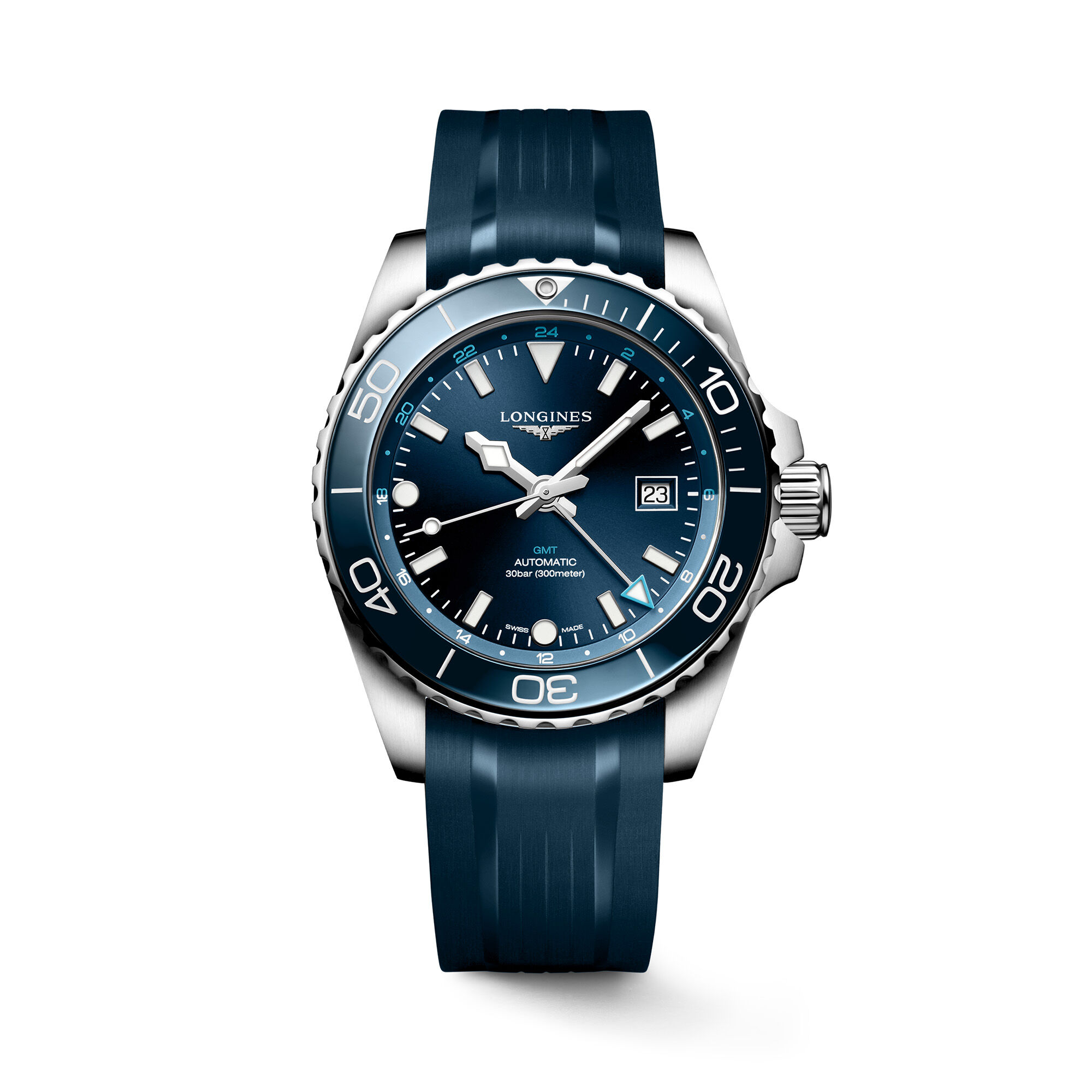 Longines HYDROCONQUEST GMT automatic stainless steel and ceramic bezel Sunray blue Dial bracelet Watch